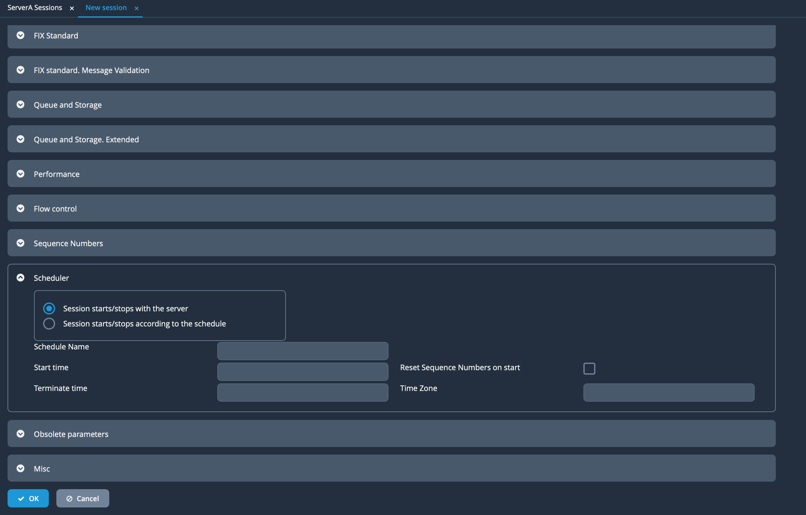 FIXICC H2 Session Schedule Configuration Dark