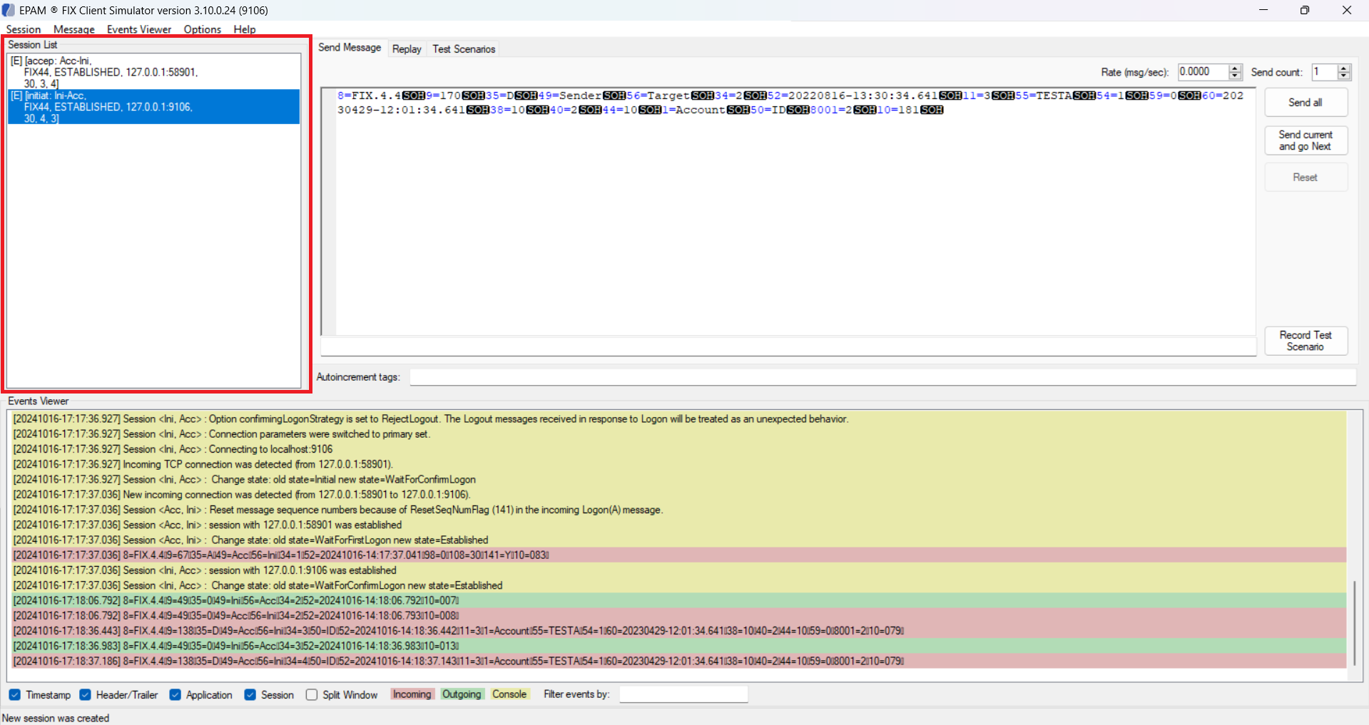 FIX Client Simulator sessions