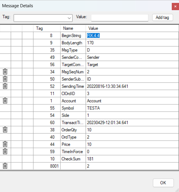 FIX Client Simulator table view